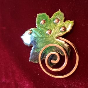 Vintage 50's Matisse Renoir Green Enameled Leaf Brooch